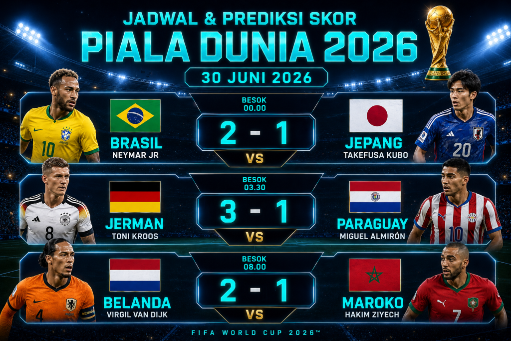 Prediksi Skor Piala Dunia 2026 30 Juni WIB: Brasil, Jerman, dan Belanda Berburu Tiket Lolos
